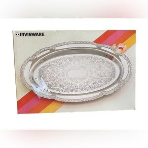 Vintage Irvinware Silver Serving Tray 9-10" Oval Engraved Ruffled Edges